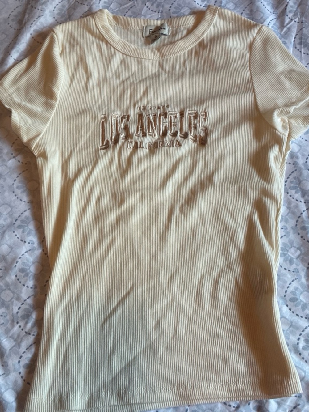 Los Angeles Embroidered Ribbed Tee - Pale Yellow Kids Short Sleeve Top